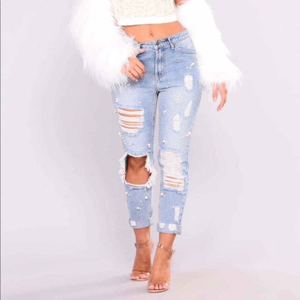 Fashionova Your Escape Boyfriend Jeans with pearls & rhinestones- light wash
